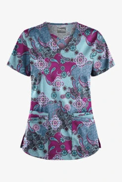 UA Butter-Soft STRETCH Mixed Medallion Indigo Denim Women's 4-Pocket Crisscross Print Scrub Top
