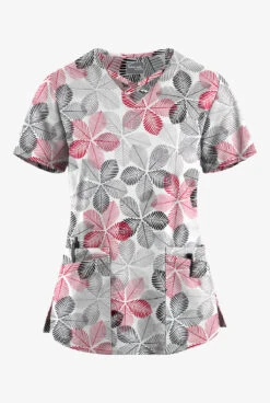 UA Butter-Soft STRETCH Subtle Leaves Silver Women's 4-Pocket Crisscross Printed Scrub Top