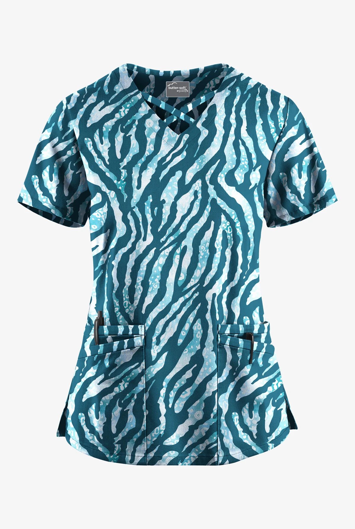 UA Butter-Soft STRETCH Tiger Fantasy Caribbean Blue Women's 4-Pocket Crisscross Printed Scrub Top 1 UA Butter-Soft STRETCH Tiger Fantasy Caribbean Blue Women's 4-Pocket Crisscross Printed Scrub Top