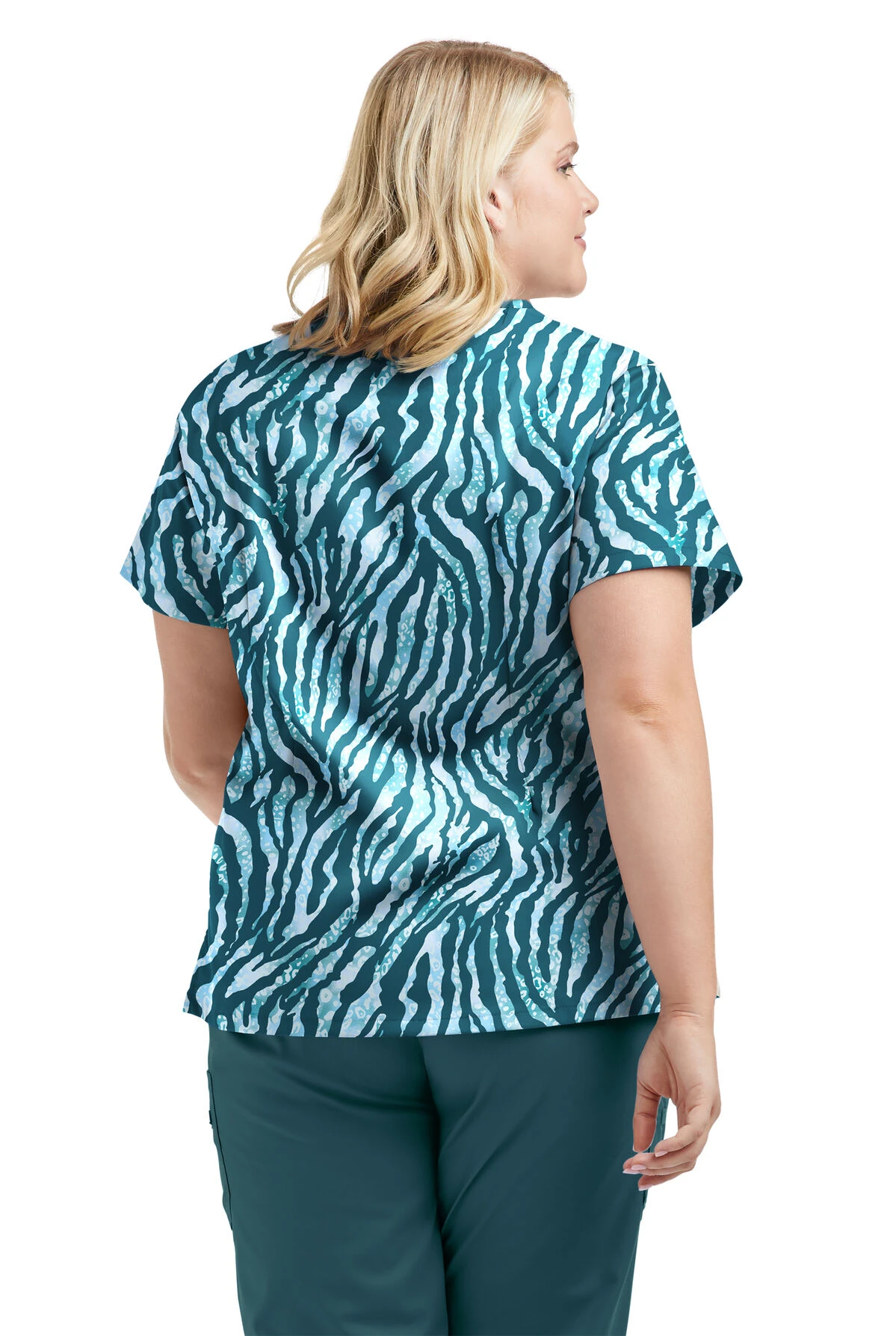 UA Butter-Soft STRETCH Tiger Fantasy Caribbean Blue Women's 4-Pocket Crisscross Printed Scrub Top 3 UA Butter-Soft STRETCH Tiger Fantasy Caribbean Blue Women's 4-Pocket Crisscross Printed Scrub Top - Image 3