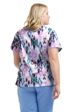 UA Butter-Soft STRETCH Varna Ikat Orchid Women's 4-Pocket Crisscross Printed Scrub Top -Clinic Love Style TS756VIOR 3