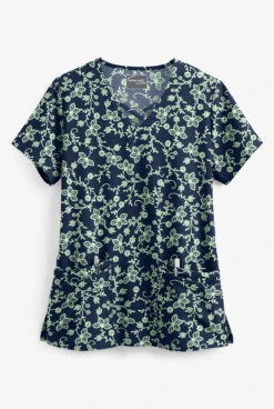 UA Butter-Soft STRETCH Floral Vines Navy Women's 4-Pocket Criss Cross Print Scrub Top