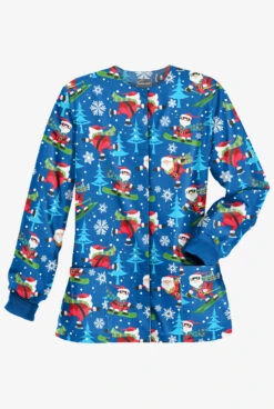 Butter-Soft Santa On Vacation Royal Women's 2-Pocket Warm-Up Print Scrub Jacket