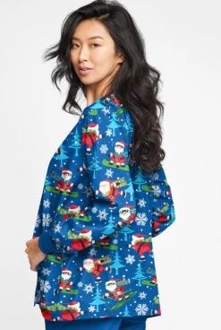 Butter-Soft Santa On Vacation Royal Women's 2-Pocket Warm-Up Print Scrub Jacket -Clinic Love Style TS82SVRL 3