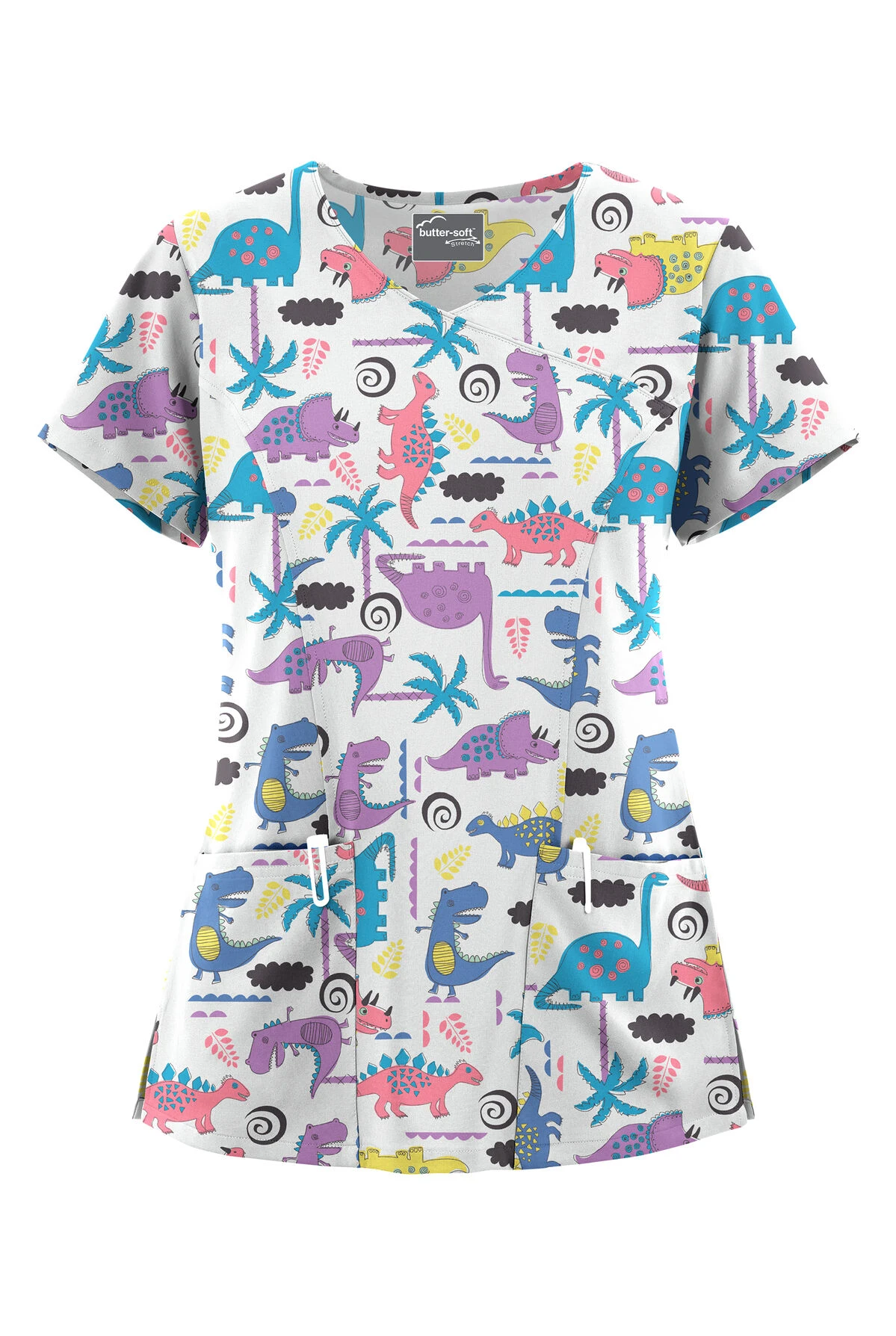 UA Butter-Soft STRETCH Stompin' Dino Orchid Women's 3-Pocket V-Neck Mock Wrap Scrub Top 1 UA Butter-Soft STRETCH Stompin' Dino Orchid Women's 3-Pocket V-Neck Mock Wrap Scrub Top