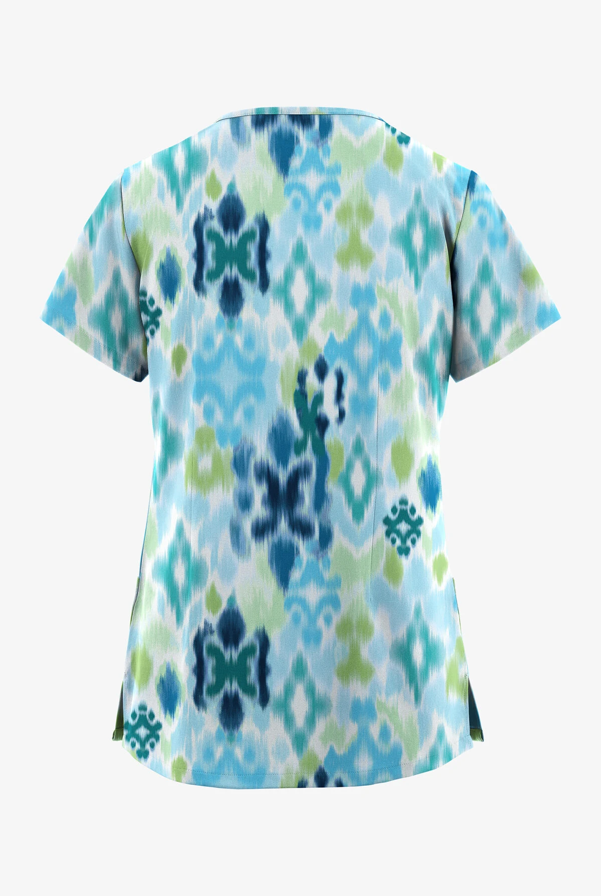 UA Butter-Soft STRETCH Varna Ikat Turquoise Women's 3-Pocket V-Neck Mock Wrap Scrub Top 2 UA Butter-Soft STRETCH Varna Ikat Turquoise Women's 3-Pocket V-Neck Mock Wrap Scrub Top - Image 2