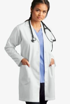 Butter-Soft Woman's 3-Pocket Notched Collared Scrub Lab Coat -Clinic Love Style UA17248 WHITE 3