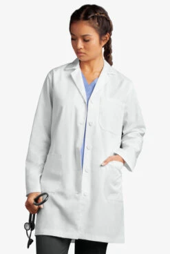 Butter-Soft Woman's 3-Pocket Notched Collared Scrub Lab Coat -Clinic Love Style UA17248 WHITE 5