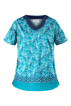 UA Best Buy Scrubs Floating Paisley Turquoise Women's 2-Pocket Scallop Neck Print Scrub Top