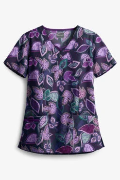 Butter-Soft Filigree Leaves Navy Women's 3-Pocket Criss Cross Print Scrub Top