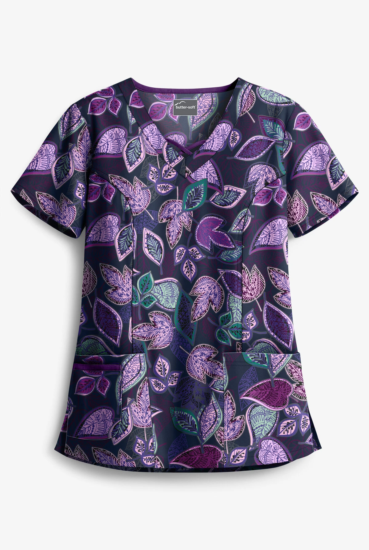 Butter-Soft Filigree Leaves Navy Women's 3-Pocket Criss Cross Print Scrub Top 1 Butter-Soft Filigree Leaves Navy Women's 3-Pocket Criss Cross Print Scrub Top
