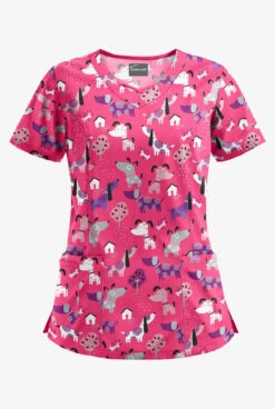 Butter-Soft Walk In The Park Fuchsia Women's 3-Pocket Criss Cross Print Scrub Top