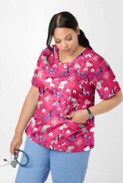 Butter-Soft Walk In The Park Fuchsia Women's 3-Pocket Criss Cross Print Scrub Top -Clinic Love Style UA626WPFC 100523 3