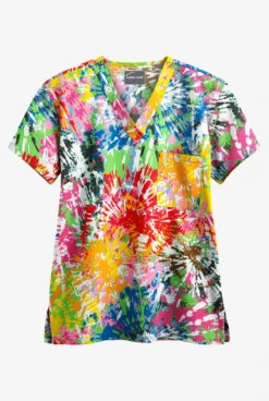 UA Butter-Soft Rainbow Tie-Dye White Printed Unisex 1-Pocket V-Neck Scrub Top