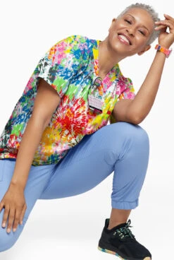 UA Butter-Soft Rainbow Tie-Dye White Printed Unisex 1-Pocket V-Neck Scrub Top -Clinic Love Style UA71RTD 3