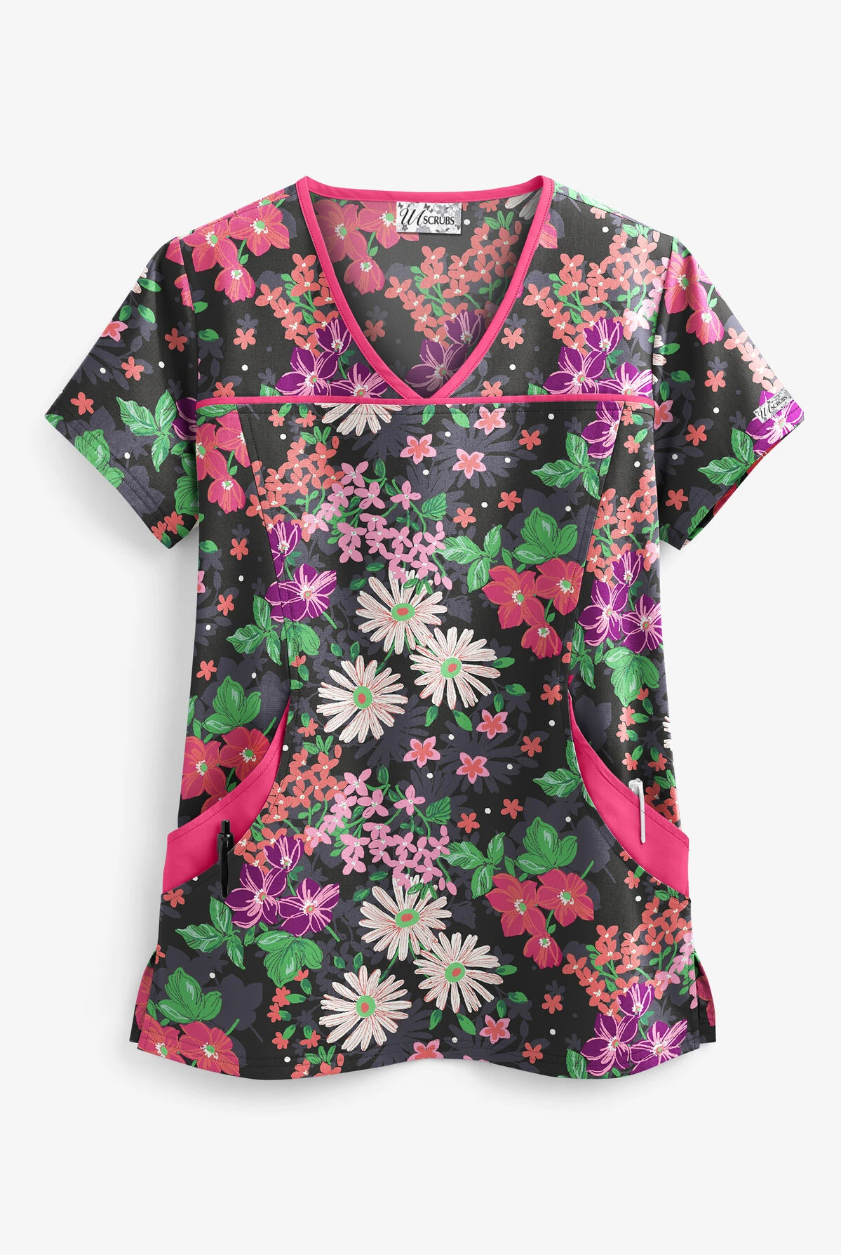 UA Garden Paradise Black Printed Women's 4-Pocket Princess Seam Scrub Top 1 UA Garden Paradise Black Printed Women's 4-Pocket Princess Seam Scrub Top