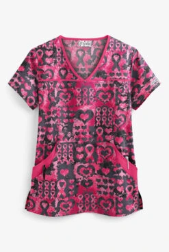 UA Best Buy Scrubs Pink Ribbon Passion Granite Women's 4-Pocket Princess Seam Print Scrub Top