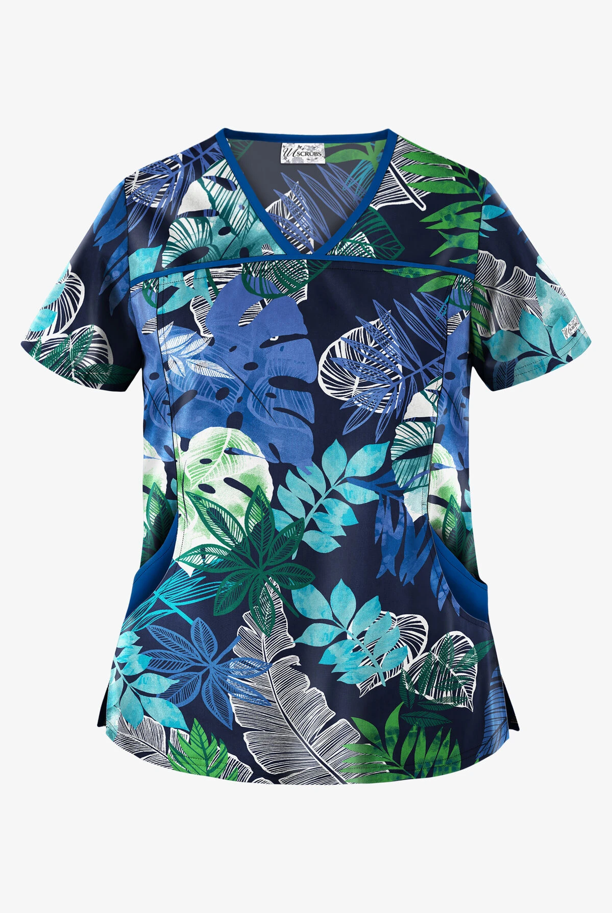 UA Best Buy Scrubs Jungle Fronds Navy Women's 4-Pocket Princess Seam Print Scrub Top 1 UA Best Buy Scrubs Jungle Fronds Navy Women's 4-Pocket Princess Seam Print Scrub Top