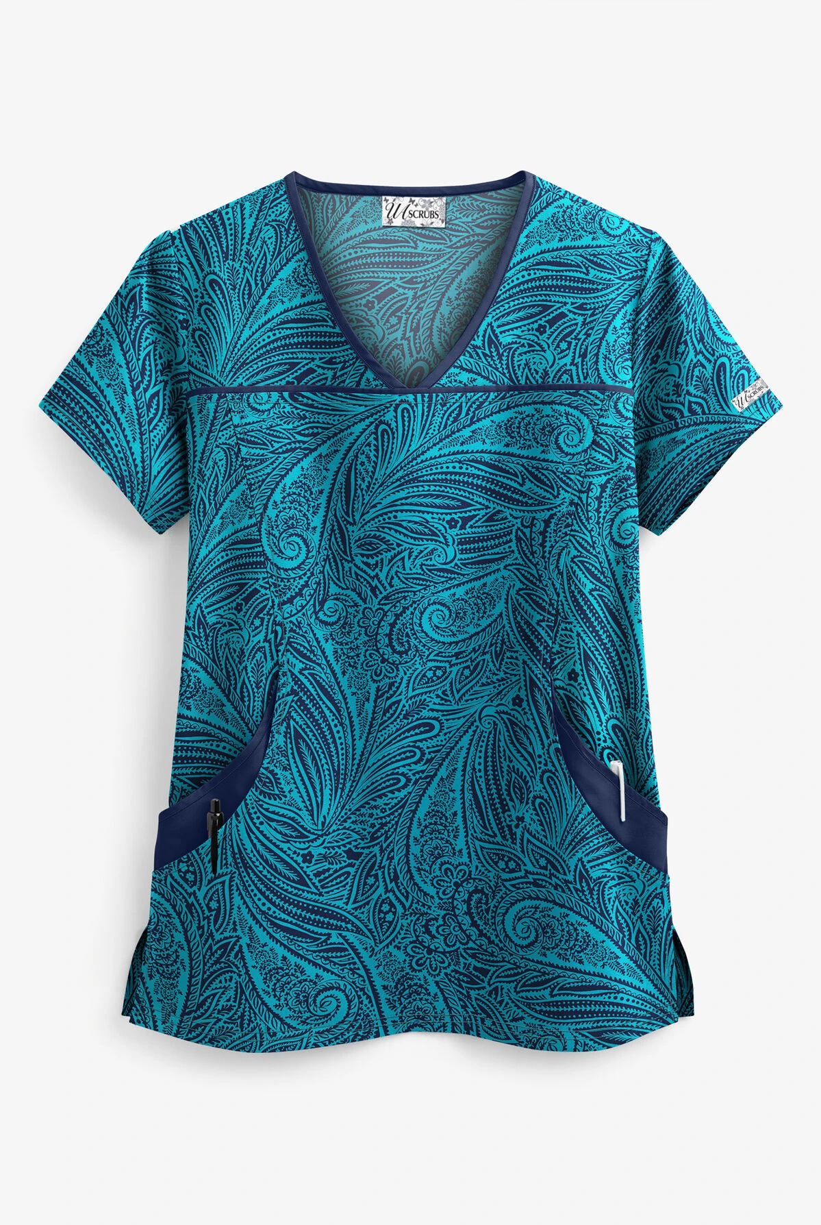 UA Paisley Delight Turquoise Women's 4-Pocket Princess Seam Print Scrub Top 1 UA Paisley Delight Turquoise Women's 4-Pocket Princess Seam Print Scrub Top