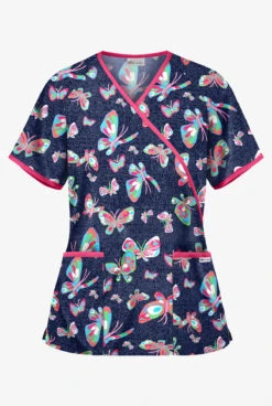 UA Butterfly Dance Navy Women's 2-Pocket Mock Wrap Print Scrub Top