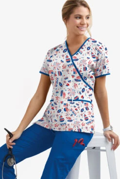 UA Best Buy Scrubs Party In The USA Women's 2-Pocket Mock Wrap Print Scrub Top -Clinic Love Style WT668PYU 3