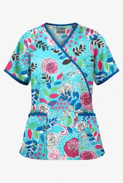 Butter-Soft Tokyo Garden Turquoise Women's 2-Pocket Mock Wrap Printed Scrub Top