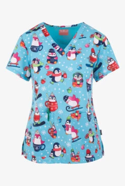 Zavate Ava Therese Penguins Enjoy The Ride Women's 2-Pocket STRETCH V-Neck Print Scrub Top