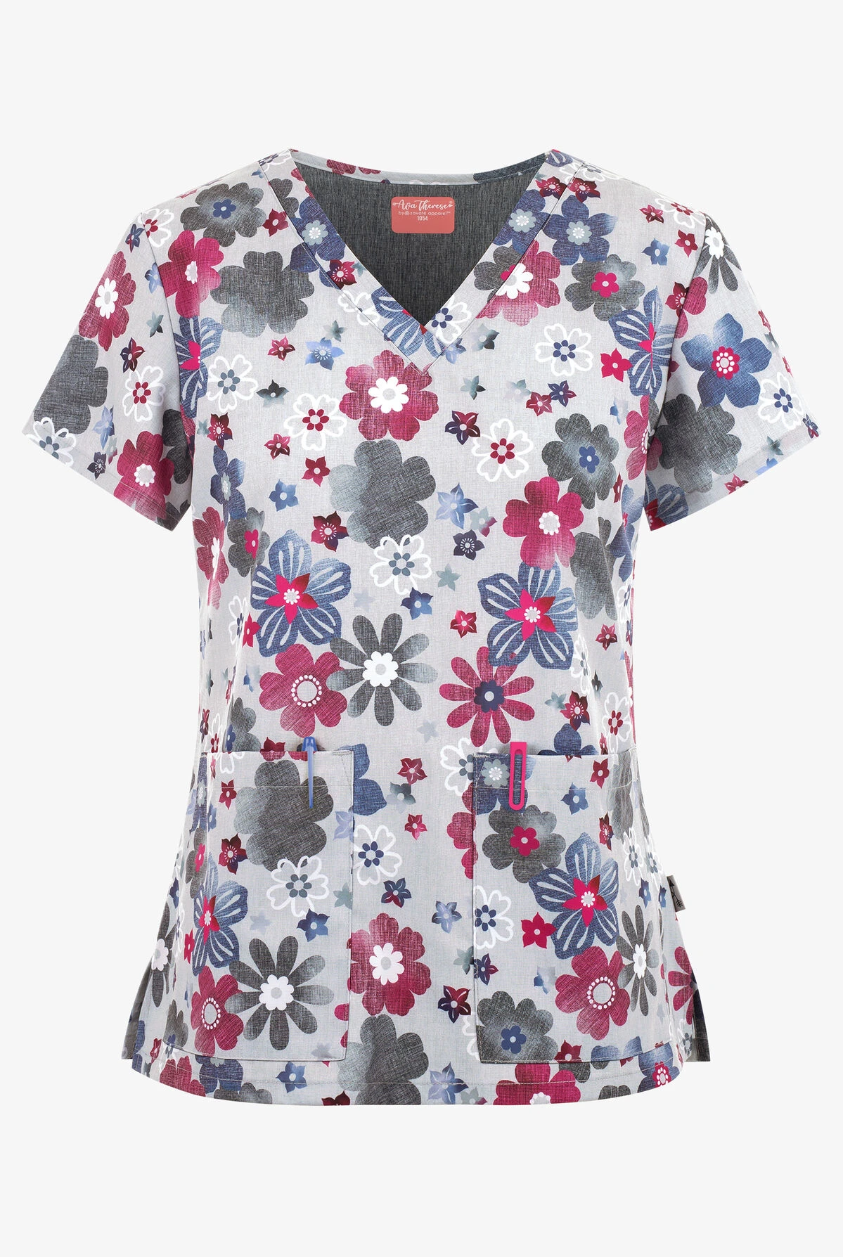 Zavate Ava Therese Floral Splash Of Heather Women's 2-Pocket STRETCH V-Neck Print Scrub Top 1 Zavate Ava Therese Floral Splash Of Heather Women's 2-Pocket STRETCH V-Neck Print Scrub Top
