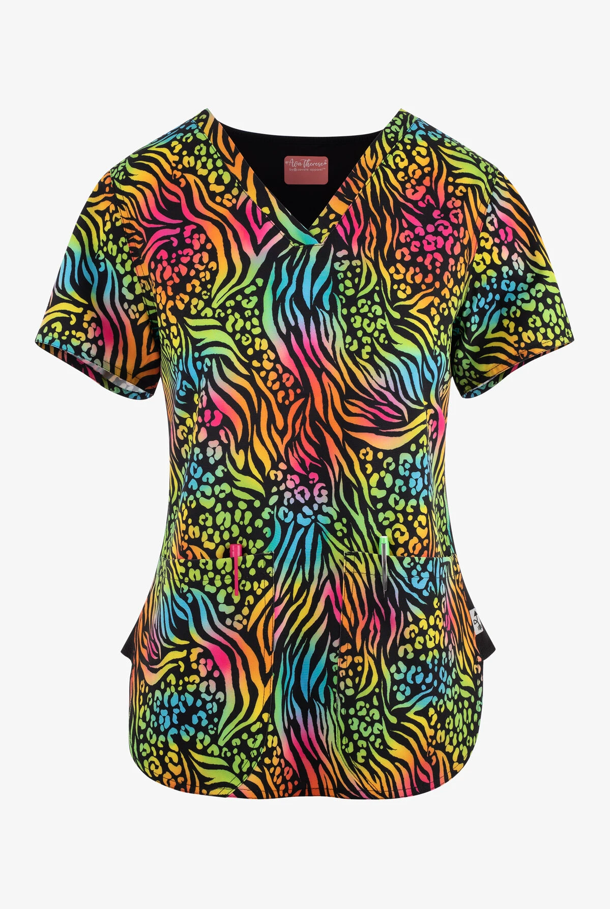 Zavate Ava Therese Bold Moves Animal Women's 2-Pocket STRETCH V-Neck Print Scrub Top 1 Zavate Ava Therese Bold Moves Animal Women's 2-Pocket STRETCH V-Neck Print Scrub Top
