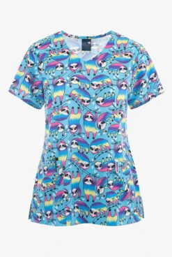 Zoe & Chloe Chillax Max Sloth Women's 2-Pocket STRETCH V-Neck Print Scrub Top