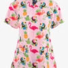 Zoe & Chloe Flamingo Stop Women's 2-Pocket STRETCH Notch Neck Print Scrub Top