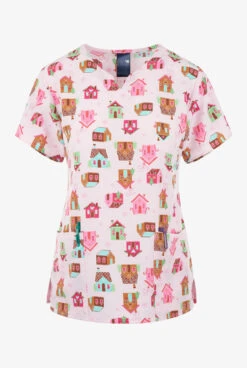 Zoe & Chloe Snow Place Like Home Women's 2-Pocket STRETCH Notch Neck Print Scrub Top