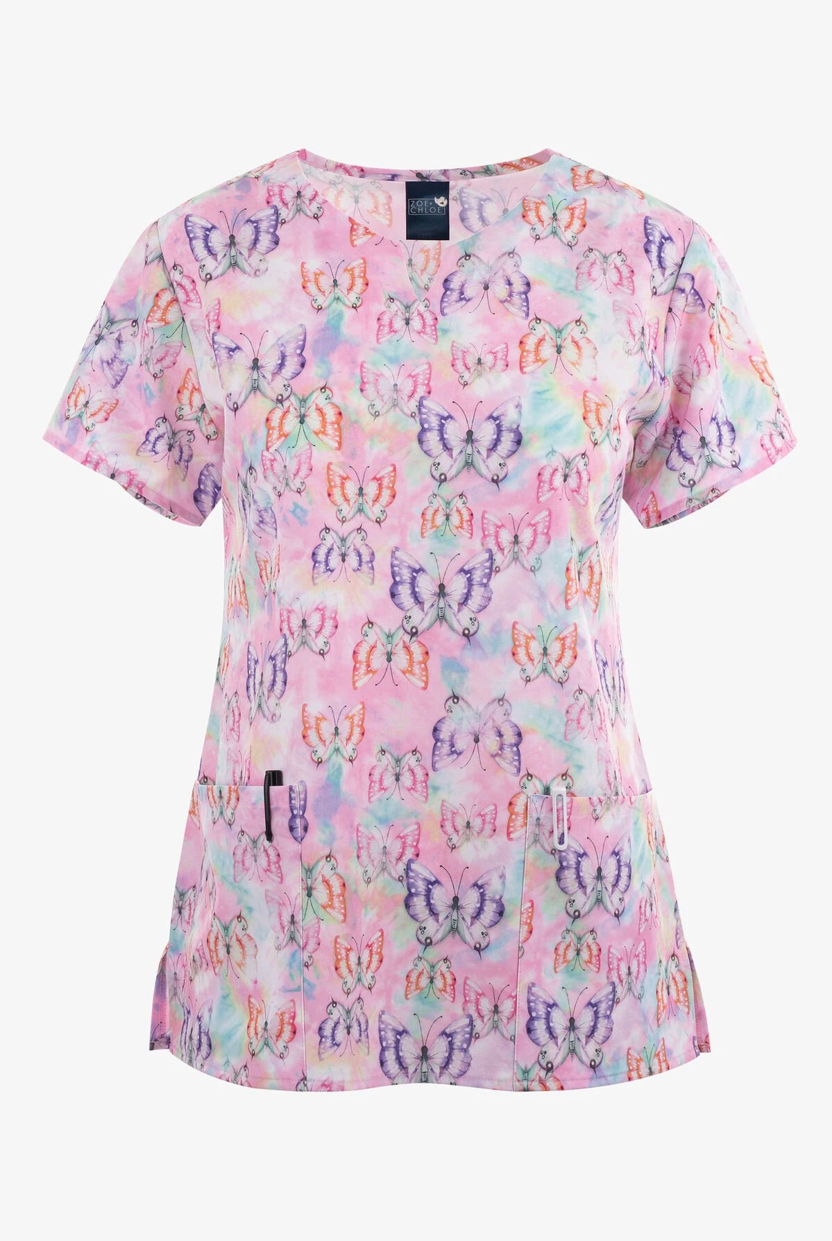 Zoe & Chloe Tie Dye Flight Butterfly Women's 2-Pocket STRETCH Notch Neck Print Scrub Top 1 Zoe & Chloe Tie Dye Flight Butterfly Women's 2-Pocket STRETCH Notch Neck Print Scrub Top
