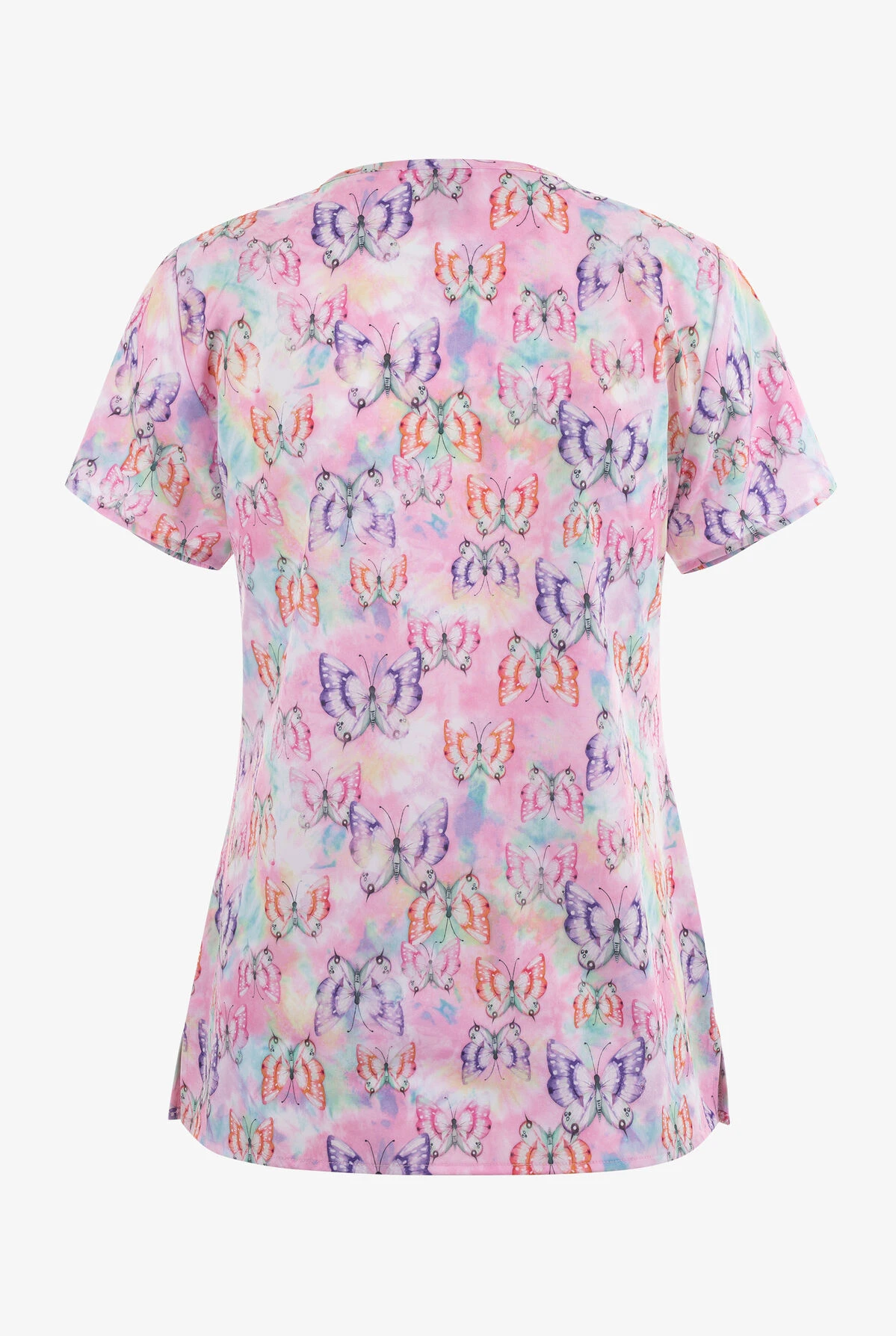 Zoe & Chloe Tie Dye Flight Butterfly Women's 2-Pocket STRETCH Notch Neck Print Scrub Top 2 Zoe & Chloe Tie Dye Flight Butterfly Women's 2-Pocket STRETCH Notch Neck Print Scrub Top - Image 2