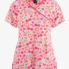 Zoe & Chloe Cherry Berry Hearts Women's 3-Pocket STRETCH Mock Wrap Print Scrub Top