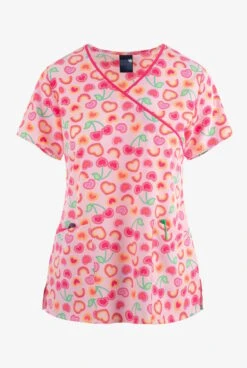Zoe & Chloe Cherry Berry Hearts Women's 3-Pocket STRETCH Mock Wrap Print Scrub Top