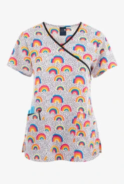 Zoe & Chloe Double Rainbow Women's 3-Pocket STRETCH Mock Wrap Print Scrub Top