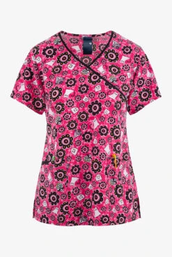 Zoe & Chloe Sugar Boo Ghosts Women's 3-Pocket STRETCH Mock Wrap Print Scrub Top