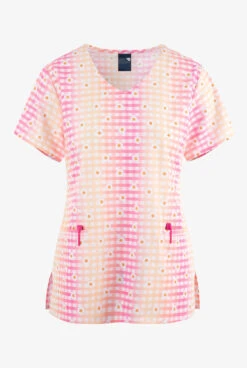 Zoe & Chloe Check Up Floral Women's 2-Pocket STRETCH V-Neck Print Scrub Top