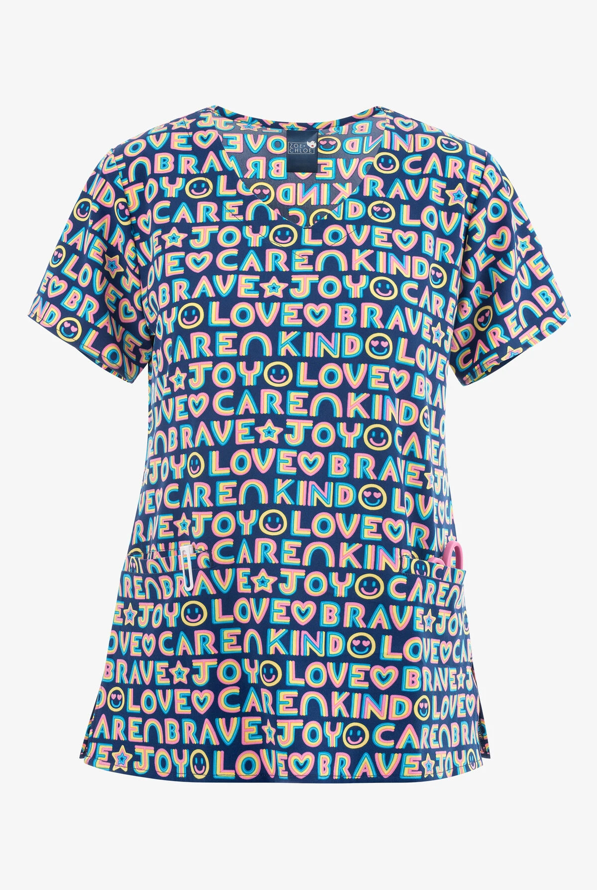 Zoe & Chloe Love Care Joy Women's 2-Pocket STRETCH V-Neck Print Scrub Top 1 Zoe & Chloe Love Care Joy Women's 2-Pocket STRETCH V-Neck Print Scrub Top