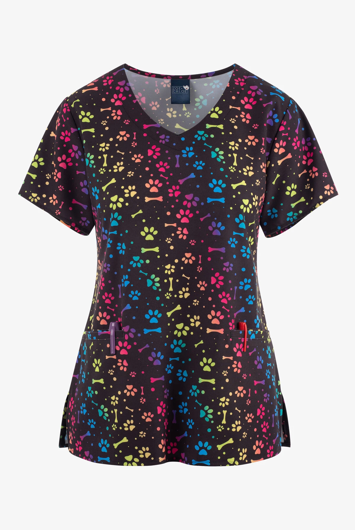 Zoe & Chloe Ombre All Day Paw And Bone Women's 2-Pocket STRETCH V-Neck Print Scrub Top 1 Zoe & Chloe Ombre All Day Paw And Bone Women's 2-Pocket STRETCH V-Neck Print Scrub Top